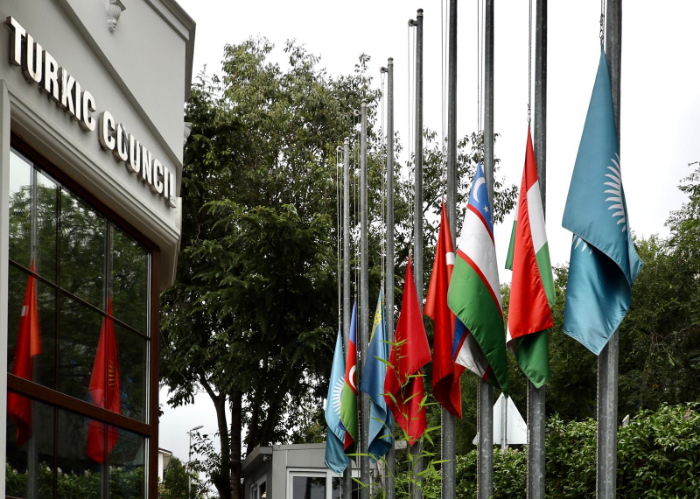 The flags at the Secretariat of the Turkic Council are lowered to half-staff on July 13, 2020, for mourning for victims of coronavirus in Kazakhstan.